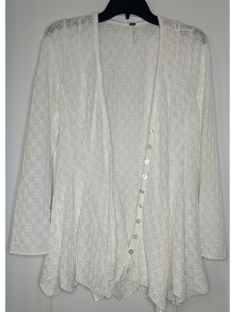 Free People White Lace Button-Front Cardigan with Asymmetric Hem, Size Medium